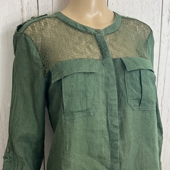 Free People Green Linen Cotton Blend Long Sleeves Army Green Top Lace Bodice - Picture 6 of 11